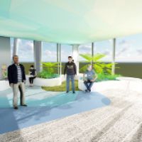 Architectural image of the outdoor area on the closed mental health ward on level 3 of K-Block. It shows views through floor to ceiling windows, a landscaped area with grass and ferns, an area where people can sit down and a number of people standing in the area. The colour scheme used is soothing blues and greys.